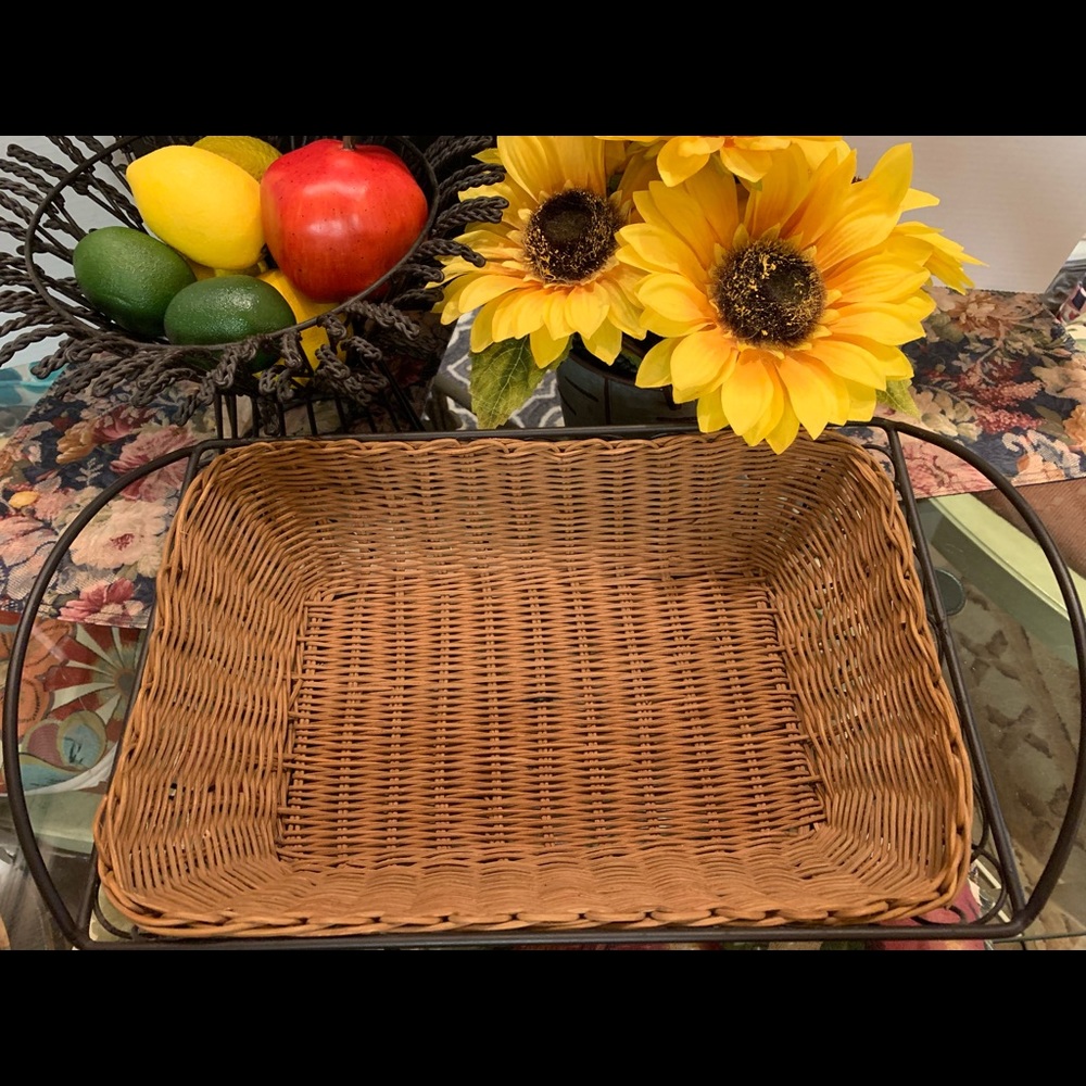 Vintage Hand Woven Reed Basket W/ Black Wrought Iron Stand. Rectangular